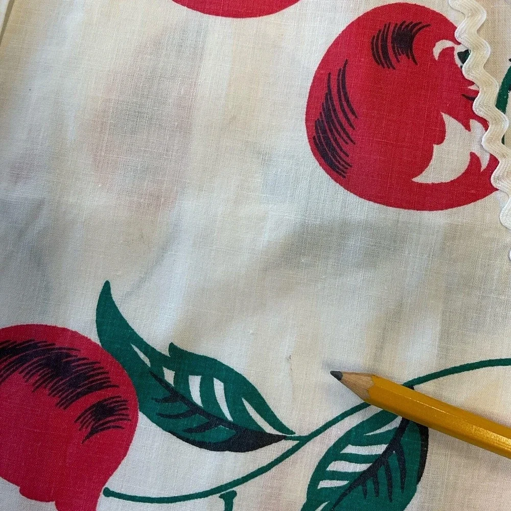 Vintage Apron Handmade Red Cherries on White Slant Pocket Rick‎ Rack Embellished